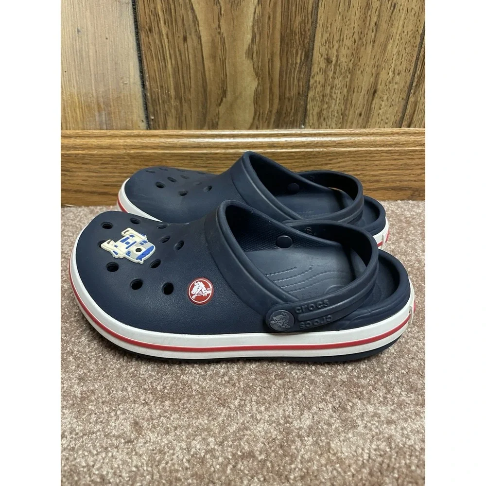 Crocs Classic Clog Shoe Kids Juniors 3 Navy Blue Red Strip Slip On R2D2 Charm